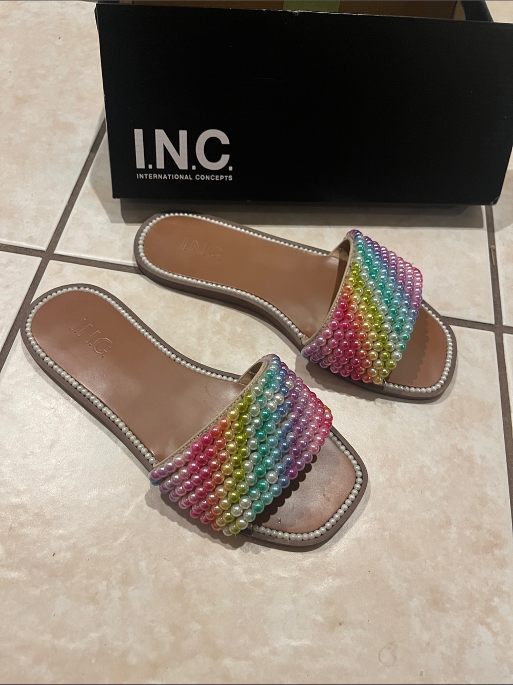 INC International Concepts Tan Slide Sandals with Rainbow Pearl Beading